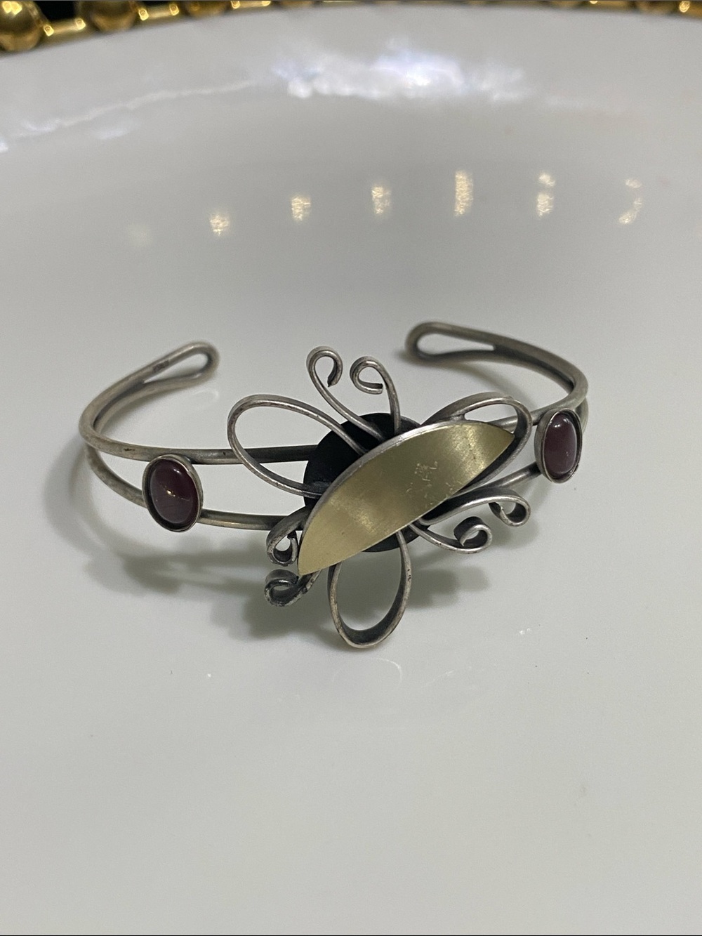 Silver-Tone Open Cuff Bracelet with Gold Accent and Maroon Stones